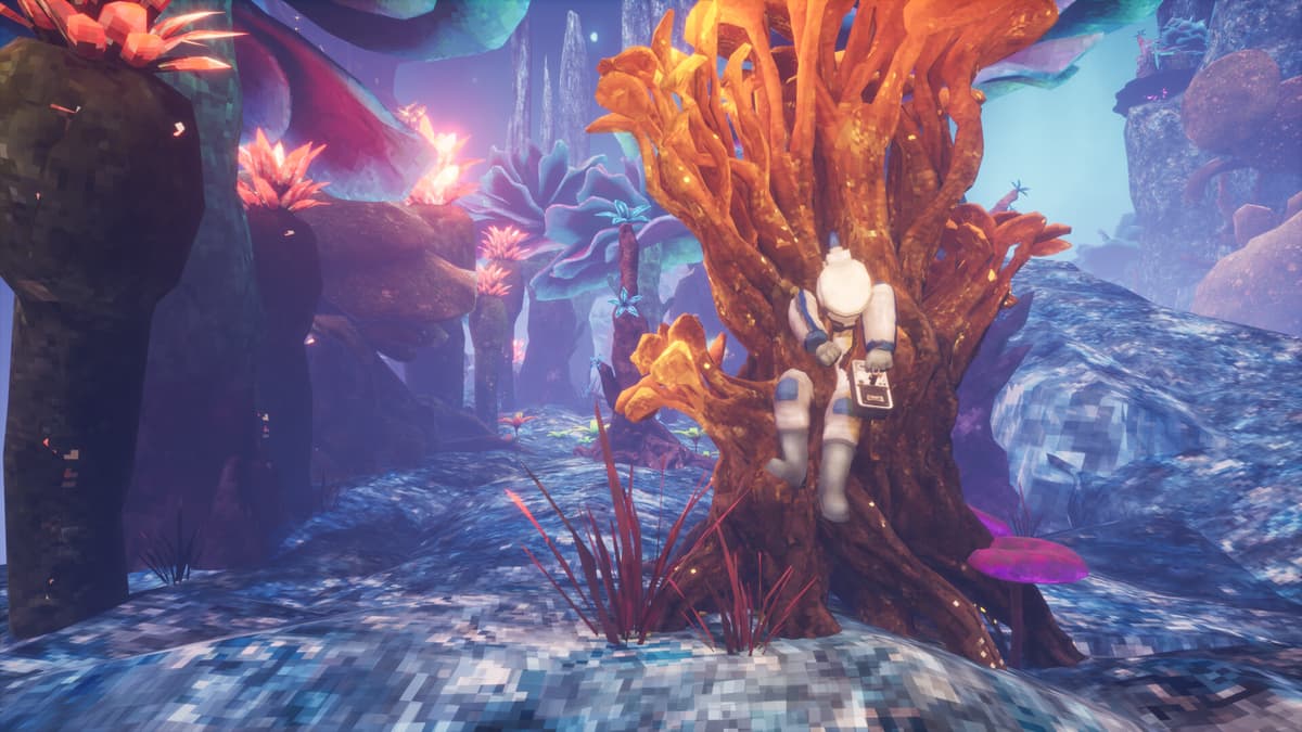 Exploring a vibrant alien biome with colorful fungi in an underground research facility