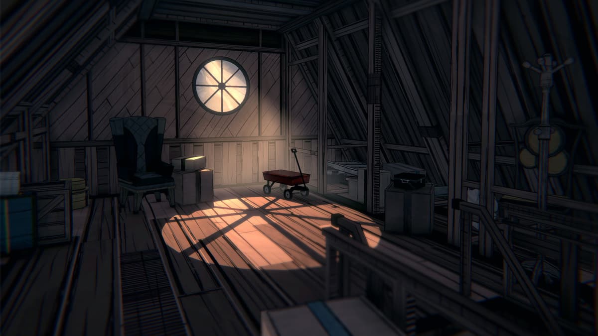 An atmospheric room with warm lighting, featuring a window, chair, and red wagon