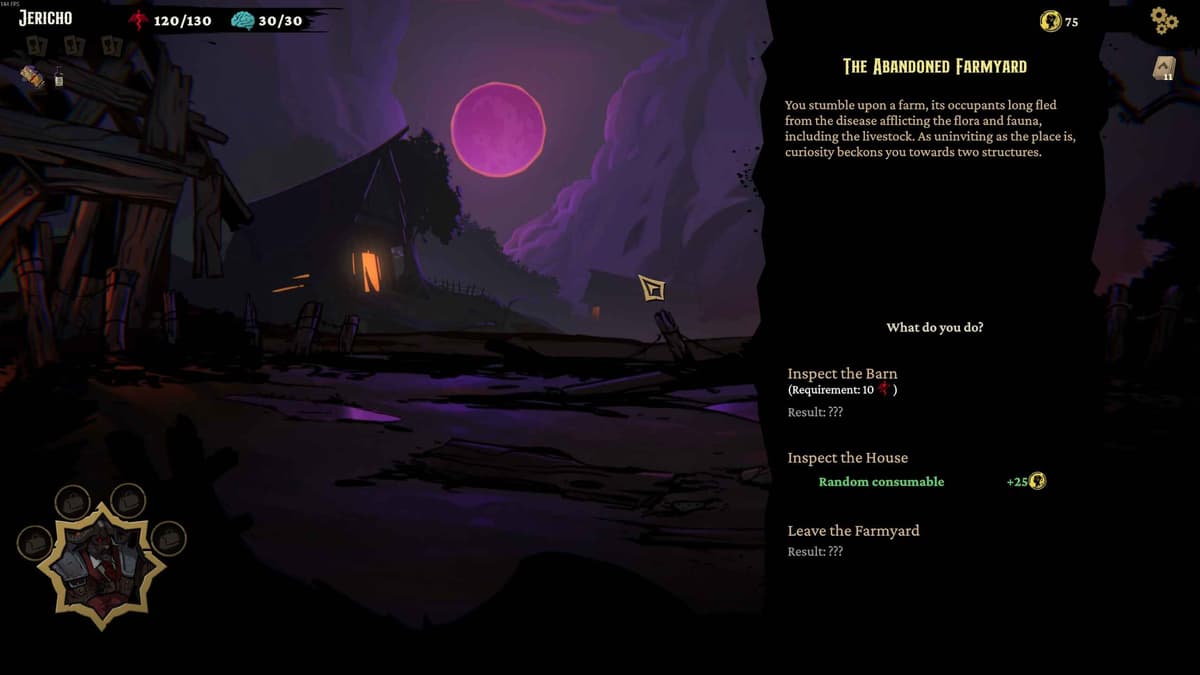 Non-combat encounter showing persistent choice outcomes from previous runs