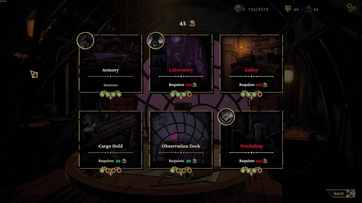 Airship repair system showing permanent upgrade categories