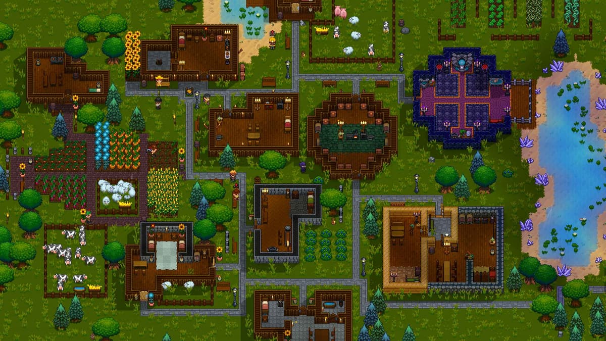 A thriving colony with multiple buildings, farms, and villagers working together
