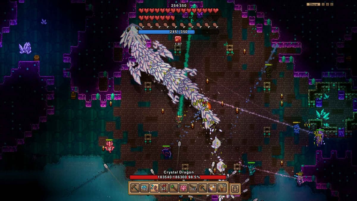 Epic battle against the Crystal Dragon boss in a purple biome