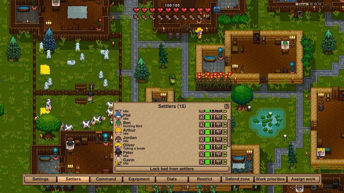 The settlers management interface showing work priorities and assignments