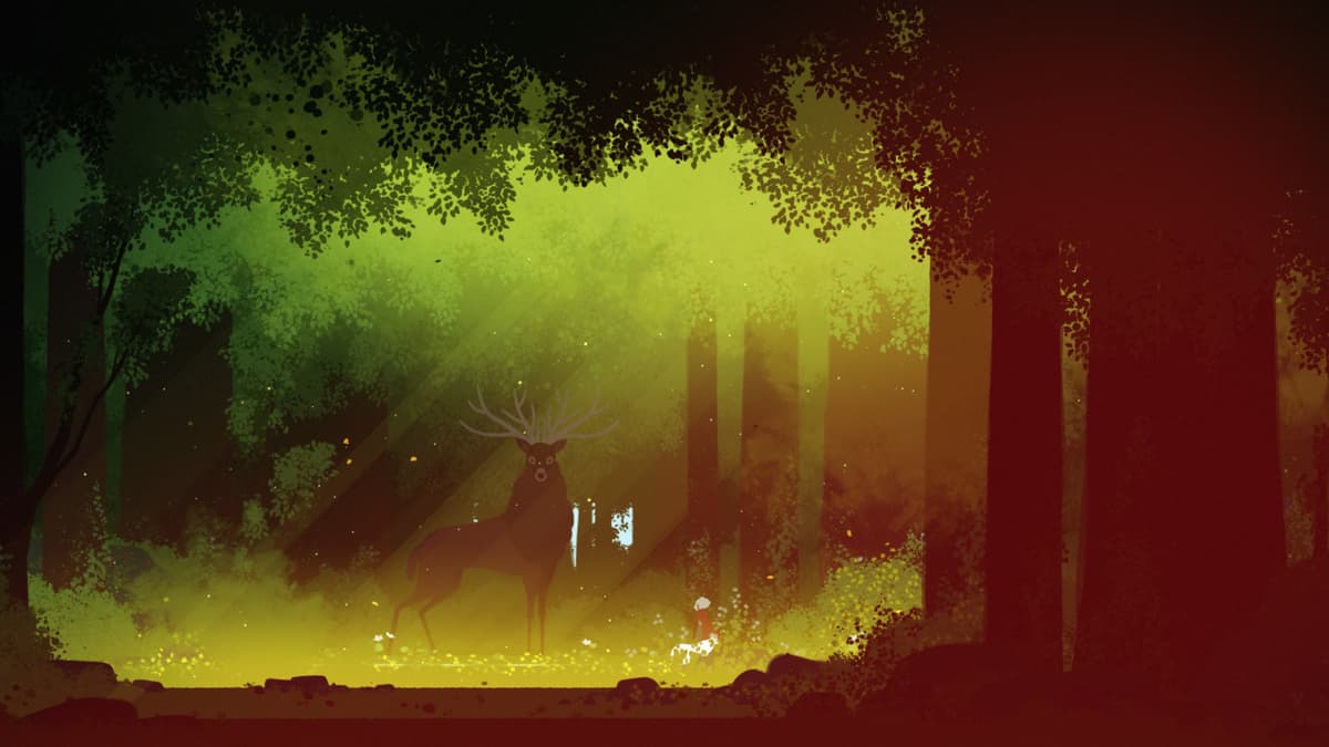 A luminous forest scene in Neva showing Alba beside a towering deer-like spirit