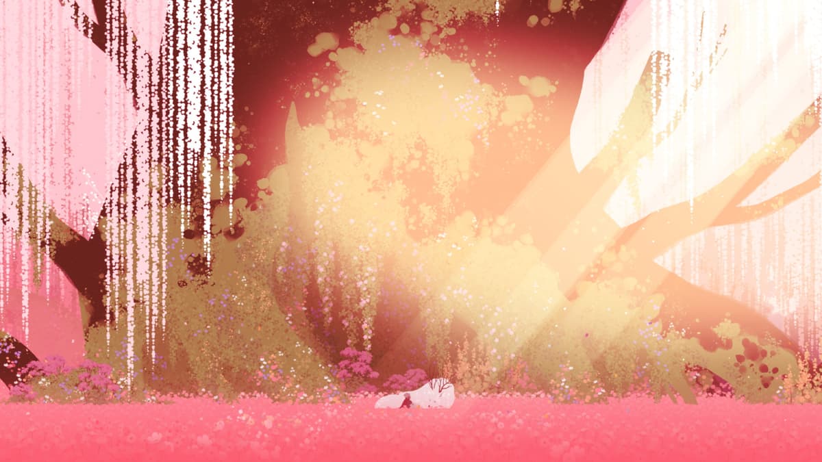 The spring season in Neva with Alba and Neva framed by bright pink flowers and warm sunlight