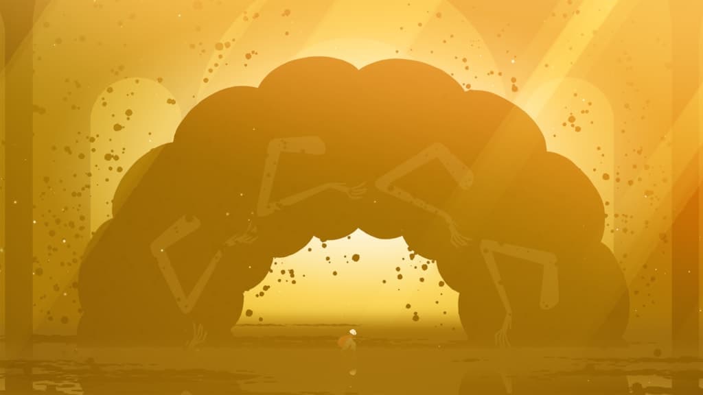 The final boss from Neva: Prologue looming over Alba in a golden arena