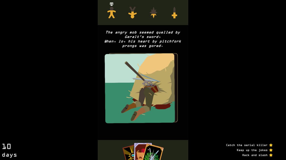 A death screen recounting one of Reigns: The Witcher's absurd ways for Geralt to die